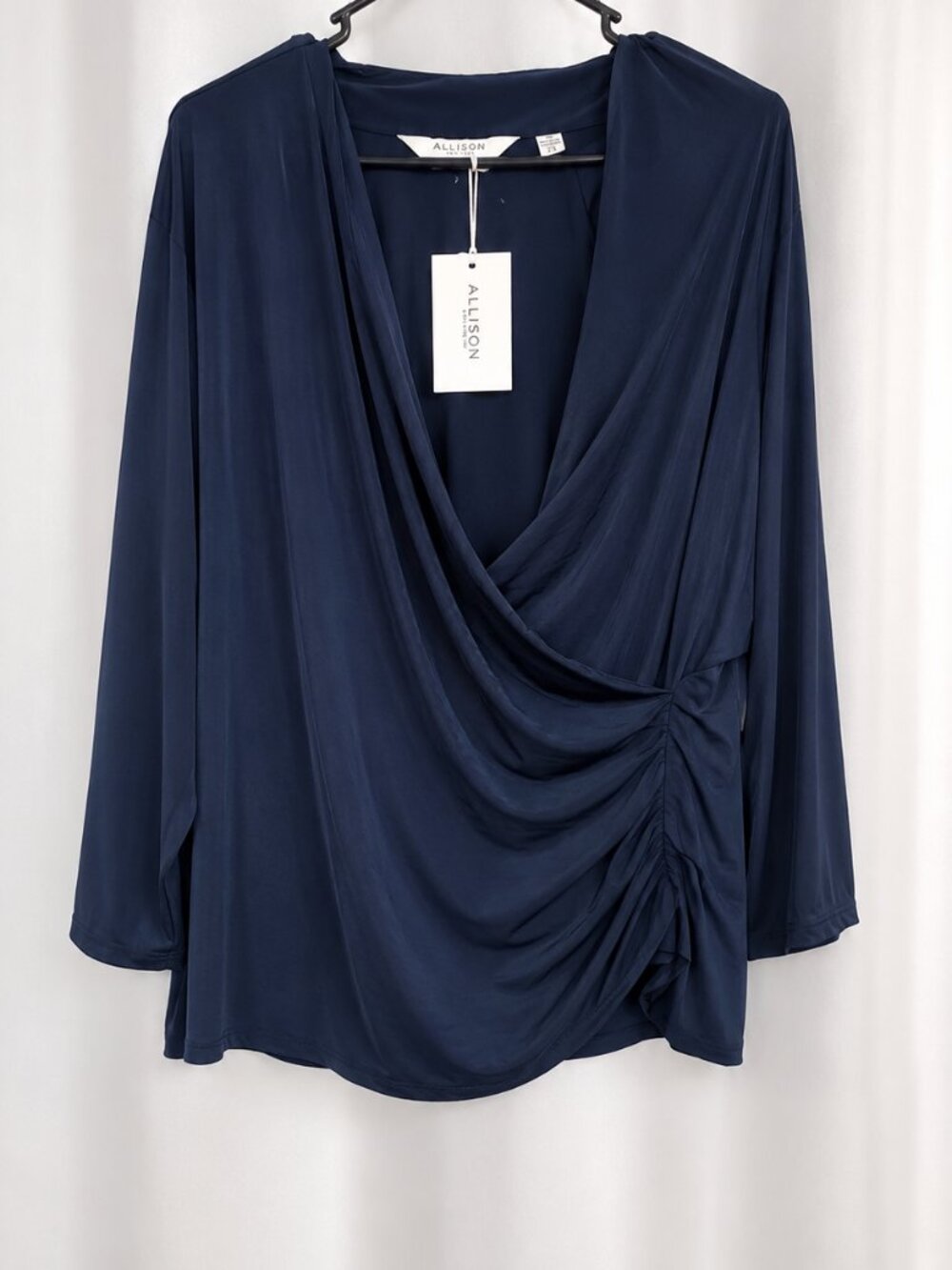 NWT Allison New York Y2K Navy Ruched Faux Wrap Top 2X Plus Size